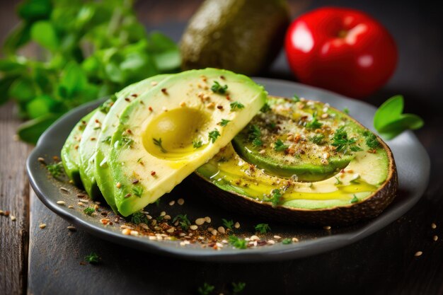 Nahrhaftes Avocado-Frühstück mit geschnittener Avocado und Gewürzen. Vollwertkost-Idee