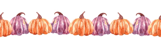 Nahtlose Aquarellgrenze mit hellvioletten und orangefarbenen Kürbissen und Blättern Herbstfest