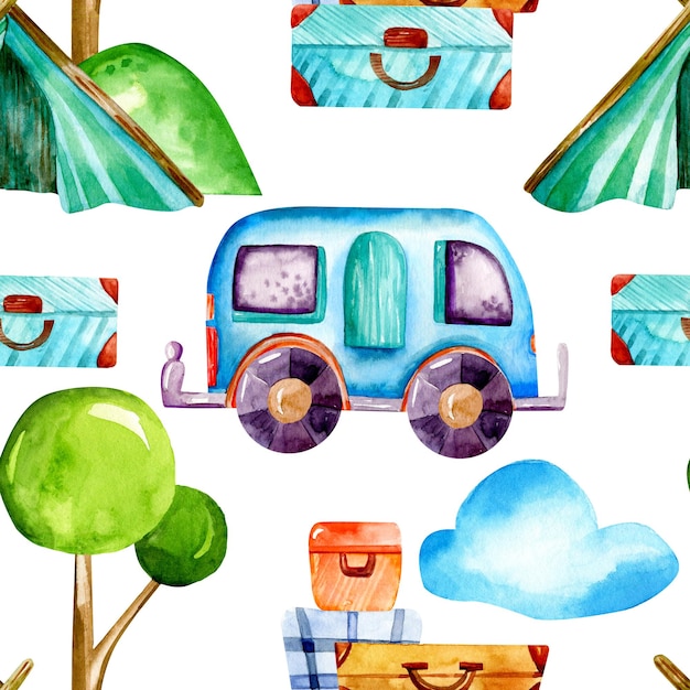 Nahtlose Aquarellmuster, handgezeichnete Zelte und stilisierte Busplätze mit Baumkoffern