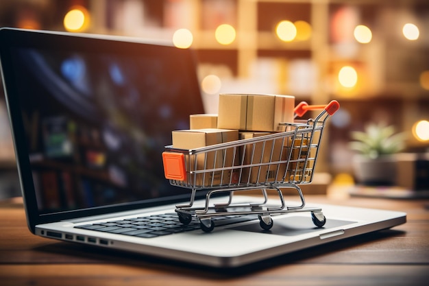 Nahtlose E-Commerce-Laptop-Warenkorb-Paketboxen definieren das Online-Shopping-Lieferkonzept
