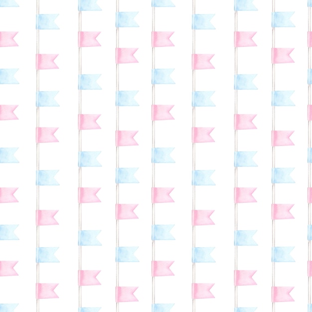 Nahtlose endlose Muster rosa-blauer Flaggen. Handgezeichnete Aquarellillustration auf weißem Hintergrund enthüllt Party-Babyparty-Kindertextilien