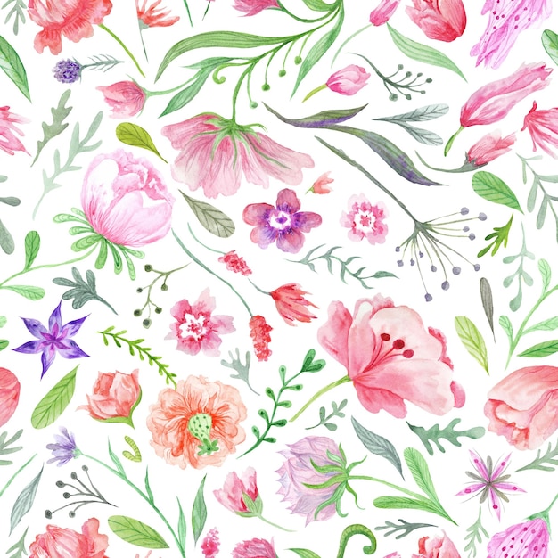 Nahtlose florale Textur mit Wildpflanzen und Blättern isoliert auf weißem Hintergrund