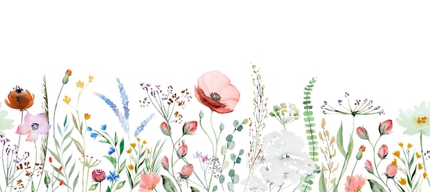 Nahtlose Grenze aus Aquarell-Wildblumen und Blättern Hochzeits- und Grußillustration