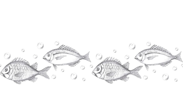 Nahtlose Grenze mit Fisch und Blasen isoliert Bleistift grafische Illustration für Karten Textilien