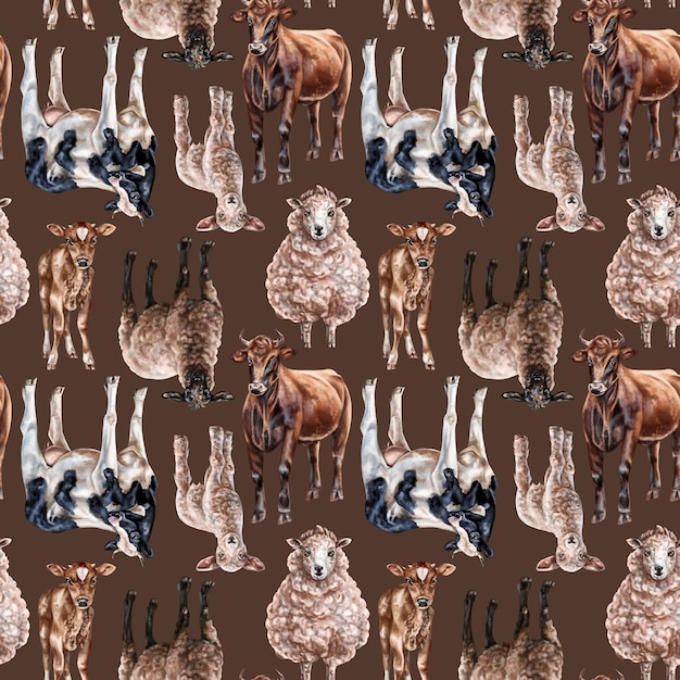 Nahtlose handgezeichnete Zeichnung mit Nutztieren, Kühen und Schafen Hintergrund