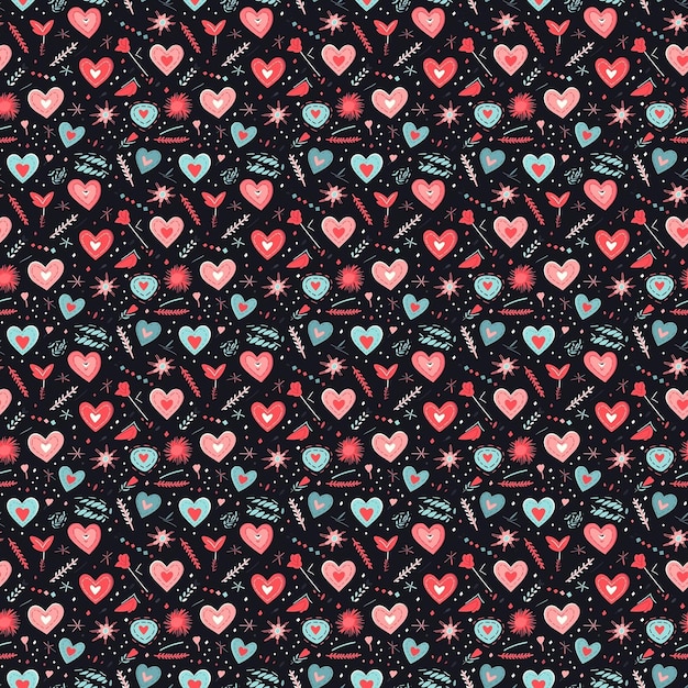 Nahtlose Muster für Valentinstag-Herzen, Pfeile von Amor-Liebesbotschaften, schwarzer Hintergrund
