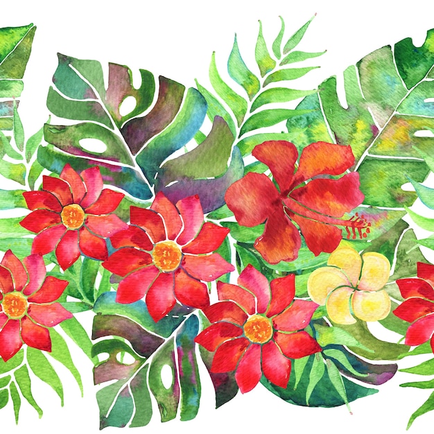 Nahtlose tropische Grenze mit Palmblatt und Blumen. Aquarell-Arrangement