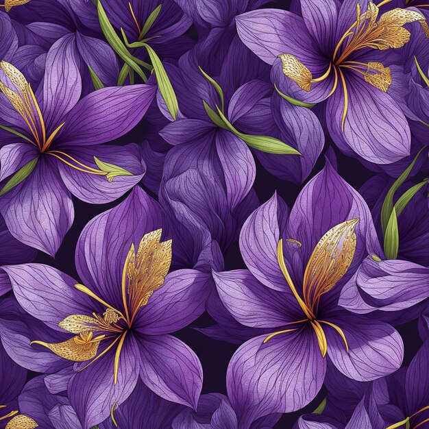 Nahtlose tropische violette Lilly-Blume und Blättermuster-Hintergrund, AI generiert
