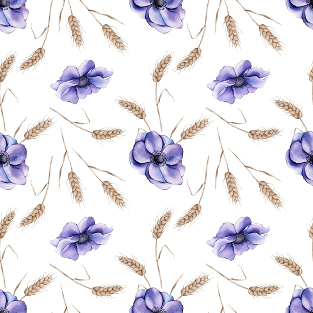 Nahtlose Weizen Ährchen Muster lila Anemonen Aquarellmuster. Getrocknete Blume. weißer Hintergrund