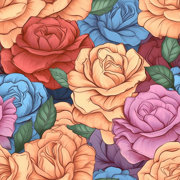 nahtloser blumiger Hintergrund mit bunten Rosen und generativen Blättern.