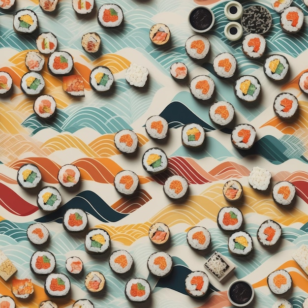 Nahtloser Hintergrund, flaches Lay-Bild verschiedener Sushi-Rollen, angeordnet im Zickzack-Muster, generative KI