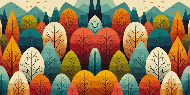 Nahtloser Hintergrund mit Bäumen und Bergen in Herbstfarben Vektorillustration