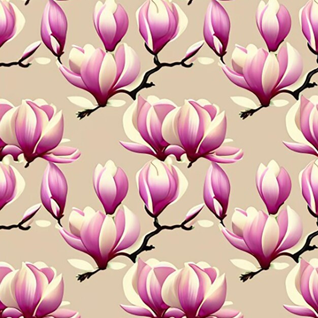 Nahtloser Hintergrund mit einem zarten Muster aus blühenden Magnolieblumen in weichen Pastellfarben vor einem ruhigen Hintergrund