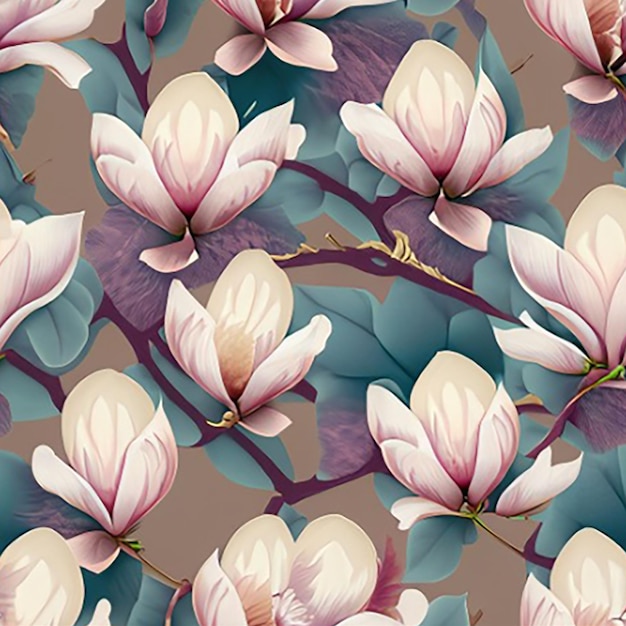 Nahtloser Hintergrund mit einem zarten Muster aus blühenden Magnolieblumen in weichen Pastellfarben vor einem ruhigen Hintergrund