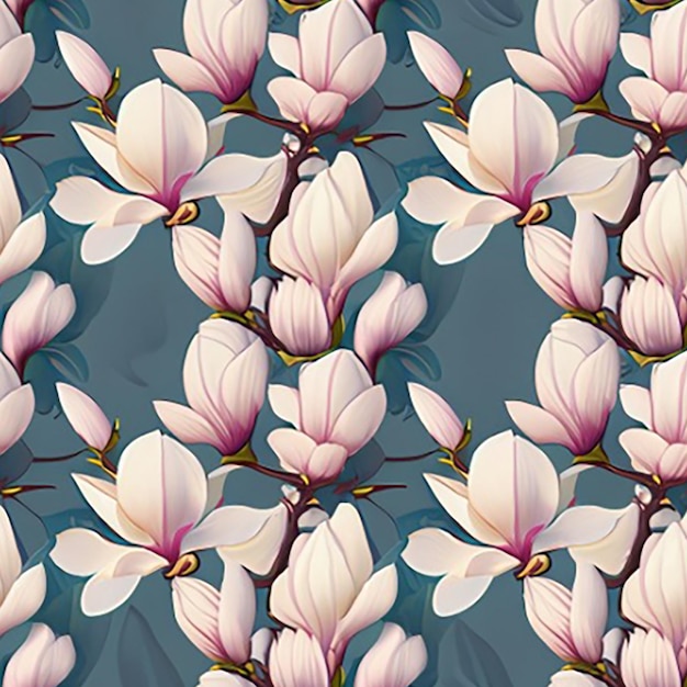 Nahtloser Hintergrund mit einem zarten Muster aus blühenden Magnolieblumen in weichen Pastellfarben vor einem ruhigen Hintergrund