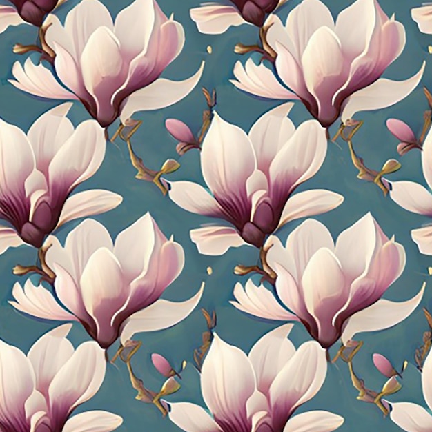 Nahtloser Hintergrund mit einem zarten Muster aus blühenden Magnolieblumen in weichen Pastellfarben vor einem ruhigen Hintergrund