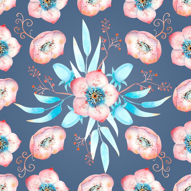 Nahtloser Hintergrund mit rosa Nieswurzblumen, Knospen, Blättern, dekorativen Zweigen auf blauem Hintergrund. Aquarellillustration, handgemacht.