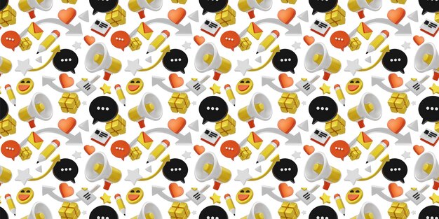 Foto nahtloses 3d-muster mit megafon-sprechblasenpfeil und fröhlichem emoji auf weißem hintergrund. 3d-design der social-media-illustration mit verschiedenen elementen für banner