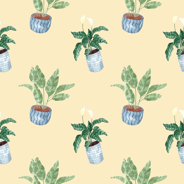 Nahtloses Aquarell-Muster mit Zimmerpflanzen auf beige Hintergrund, Aquarell-Illustration für Zuhause