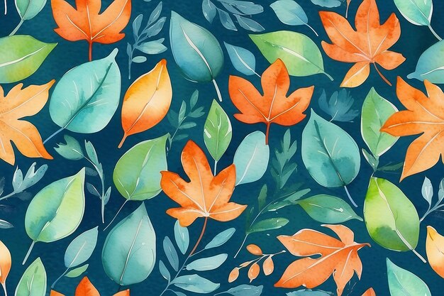 Nahtloses Aquarellblumenmuster mit blau-orange und grünem Blatthintergrund