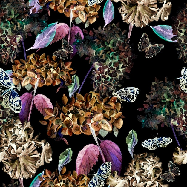 Nahtloses Aquarellmuster mit einer Hortensieniris und Schmetterlingen