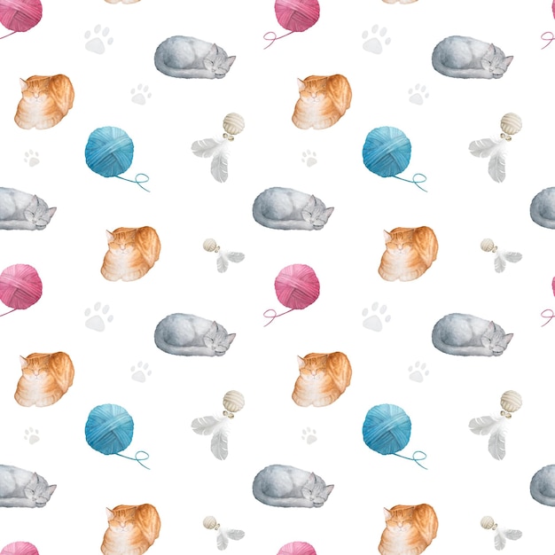 Nahtloses Aquarellmuster mit pastellfarbenen Pfotenabdrücken von Katzen, Spielzeug und Clews auf weißem Hintergrund