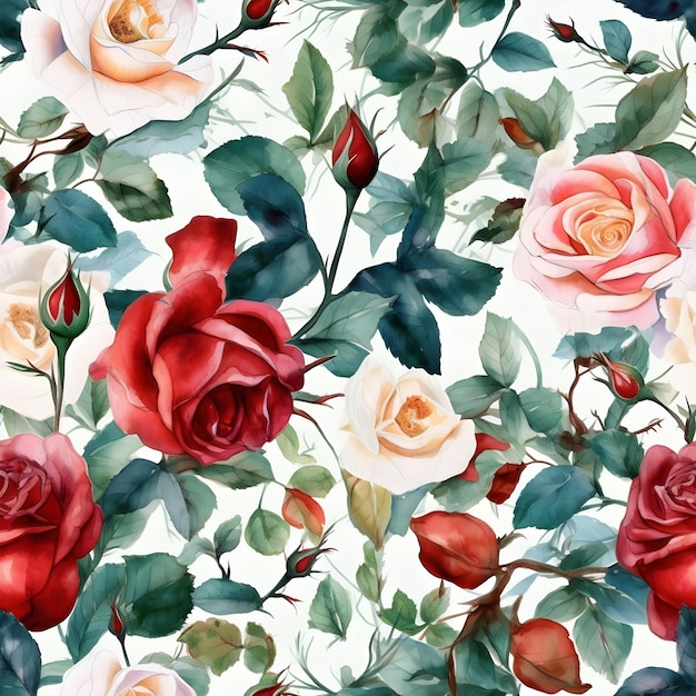 Nahtloses Aquarellmuster mit Rosen in verschiedenen Farben Blumenillustrationshintergrund