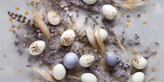 Nahtloses Banner auf pastellfarbenem Hintergrund mit Eiern, Zweigen und Blumen Banner für Osterkopysacken