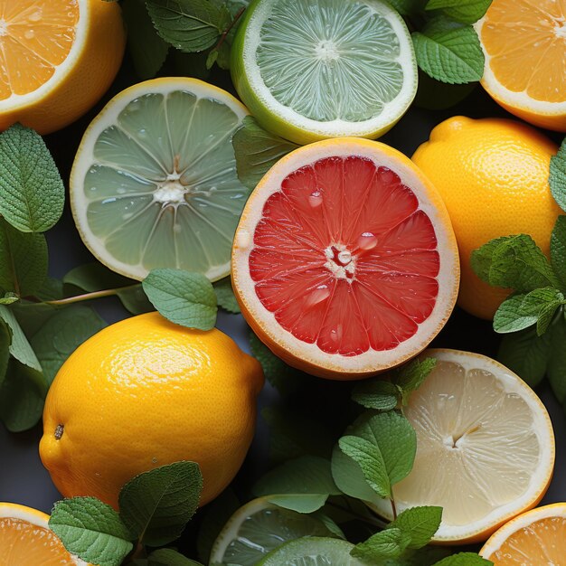 Nahtloses Bild von Scheiben orangefarbener Zitronen-Grapefruit- und Minzblätter