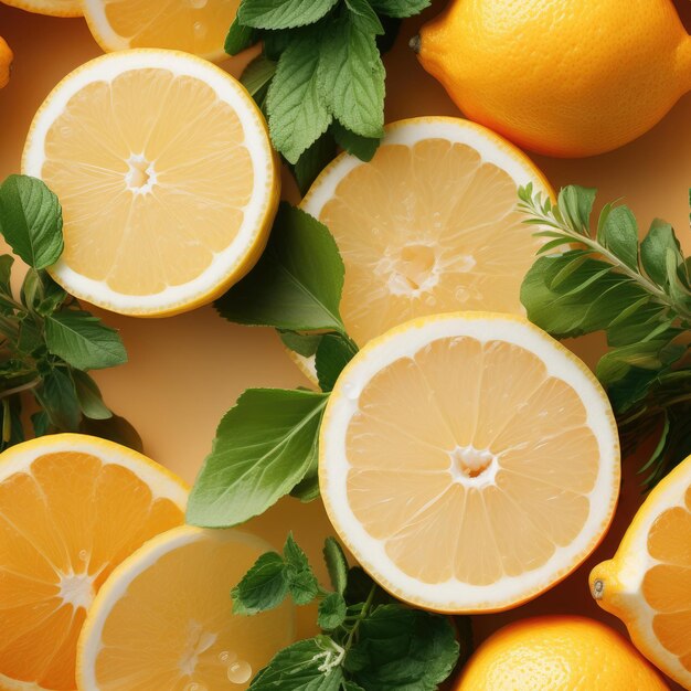 Nahtloses Bild von Scheiben orangefarbener Zitronen-Grapefruit- und Minzblätter