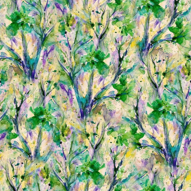 Nahtloses Blumenmuster Aquarellgrafikhintergrund Blumen und Kräuter Böhmischer Boho-Stil drucken Abstraktes Wiesenfeld Emotionale Malerei