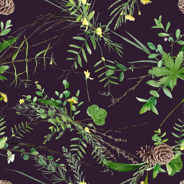 Nahtloses Blumenmuster mit Aquarellwaldpflanzen und -blumen, künstlerischer Malerei natürlicher Hintergrund.