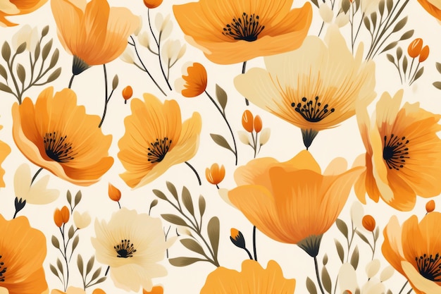 Nahtloses Blumenmuster mit orangefarbenen Mohnblumen auf beigem Hintergrund