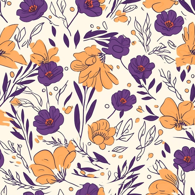 nahtloses Blumenmuster mit orangefarbenen und violetten Blüten auf weißem Hintergrund, generative KI