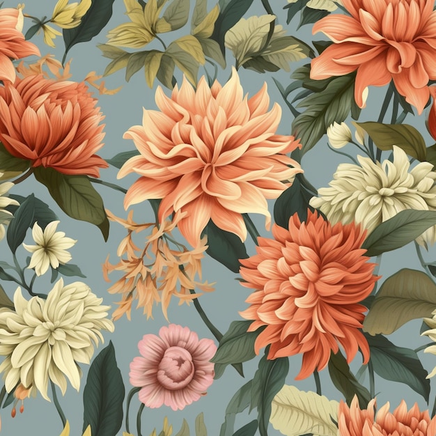 Nahtloses Blumenmuster mit orangefarbenen und weißen Blumen auf blauem Hintergrund, generative KI