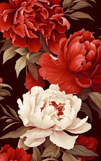 Nahtloses Blumenmuster mit Pfingstrosen auf rotem Hintergrund Generative KI