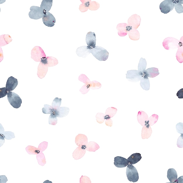 Nahtloses Blumenmuster mit rosa und grauen Blumen auf weißem Hintergrund Aquarellillustration Niedliche Textur zum Verpacken von Textiltapeten, Bekleidung und Stoff