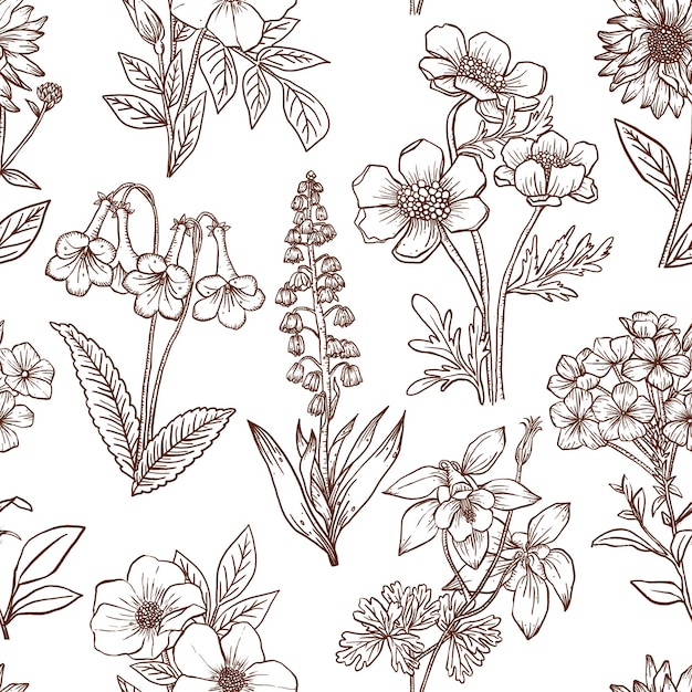 Nahtloses Blumenmuster png-Collage-Element Linienkunstdesign durchsichtiger Hintergrund