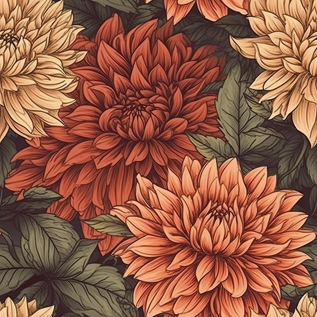 Nahtloses botanisches Muster mit Blättern, Blumen, Illustration, Hintergrunddesign, generative KI