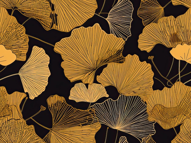 Nahtloses botanisches Muster mit Gingko-Blättern, Blumen, Hintergrunddesign, generative KI