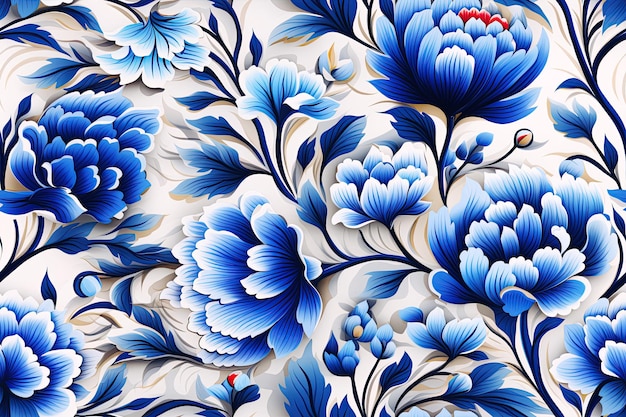 Nahtloses florales Texturmuster mit blauen Blumen auf weißem Hintergrund für traditionelle russische Teppich- und Stoffdekoration