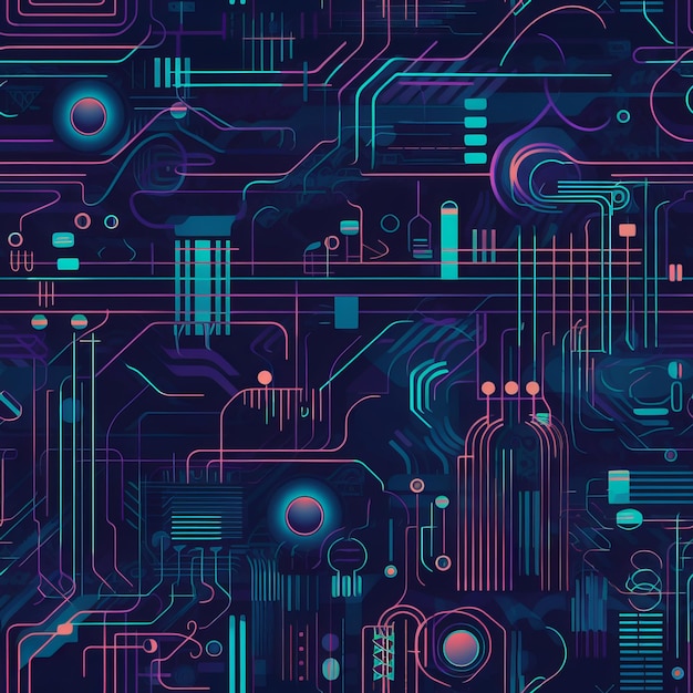 Nahtloses futuristisches Cyberpunk-Stadtbild mit Neonlinien-Musterhintergrund