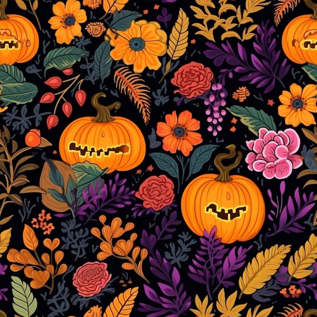 Nahtloses Halloween-Muster mit Kürbissen auf dunklem Hintergrund.