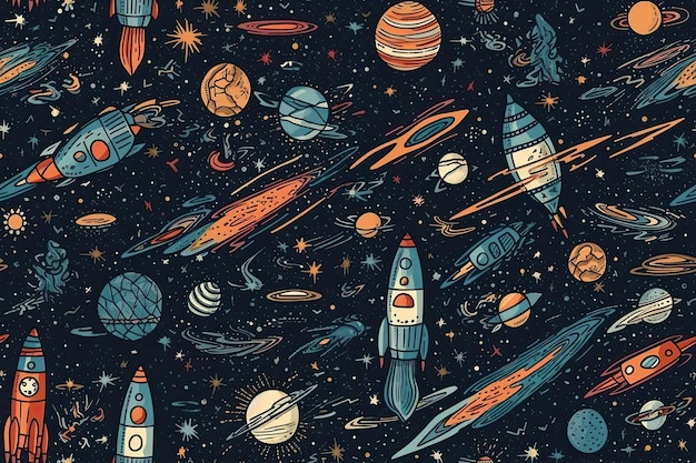 Nahtloses Hintergrundmuster mit Weltraumsternen Planeten Raketen Generative KI-Illustration