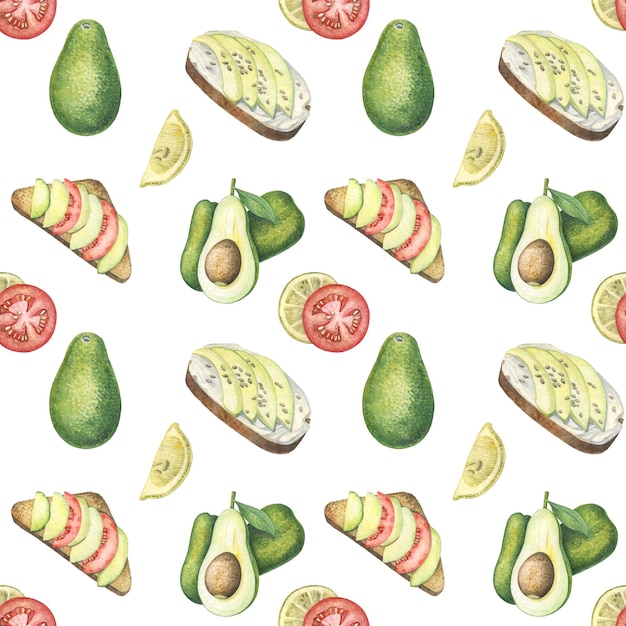 Nahtloses Muster aus Aquarellillustrationen Avocados Toast Tomaten Zitronen grünes Gemüse Knoblauch