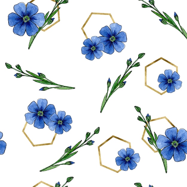 Nahtloses Muster aus Flachsblumen und goldenen Sechsecken Handgezeichnete Blumen-Aquarellskizzen für Design