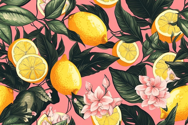 Nahtloses Muster aus gelben Zitronen auf rosa Hintergrund Generative AI-Illustration Modischer heller Druck für Stoff oder Tapete