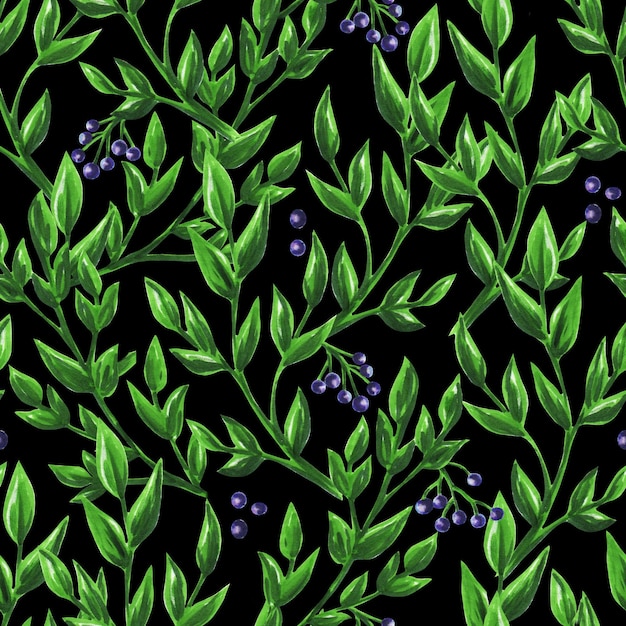 Nahtloses Muster aus grünen Ästen und Beeren auf schwarzem Hintergrund, handgezeichnete Markierungsillustration