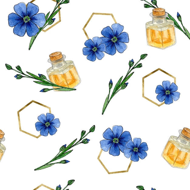 Nahtloses Muster aus Leinöl-Flachsblumen und goldenen Sechsecken Handgezeichnete Blumen-Aquarellskizzen für Design