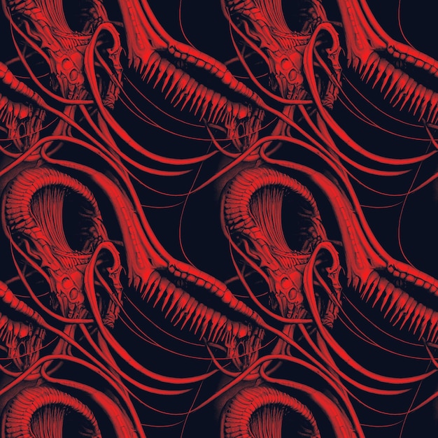 Nahtloses Muster aus roten abstrakten Alien-Insektenknochen Tesselliertes Muster für Stoffabdeckung, Geschenkverpackung oder Design Dunkle Gothic-Horror-Industrie-Vibes 3D-Illustration